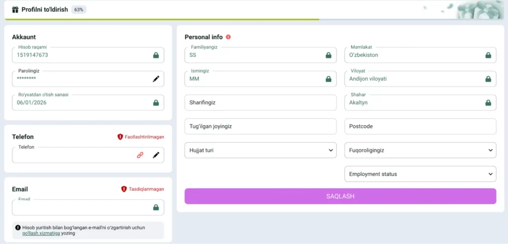 O‘zbekistonlik foydalanuvchilar uchun Spinbetter Casino KYC shaxsiy ma’lumotlar bo‘limi skrinshoti