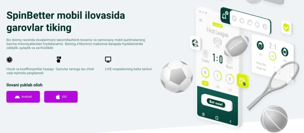 O‘zbek tilida kazino o‘yinlari va sport tikish menyusi ko‘rsatilgan Spinbetter Kazino mobil ilovasi interfeysining skrinshoti