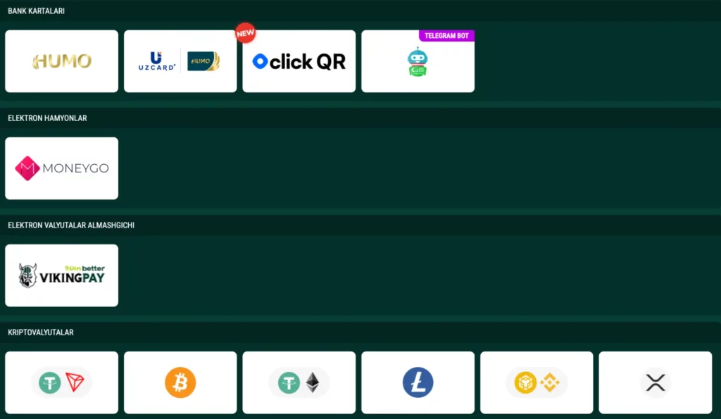 O‘zbekiston uchun Spinbetter Kazino to‘lov usullari – karta, kripto, hamyon va Telegram usullari ko‘rsatilgan skrinshot