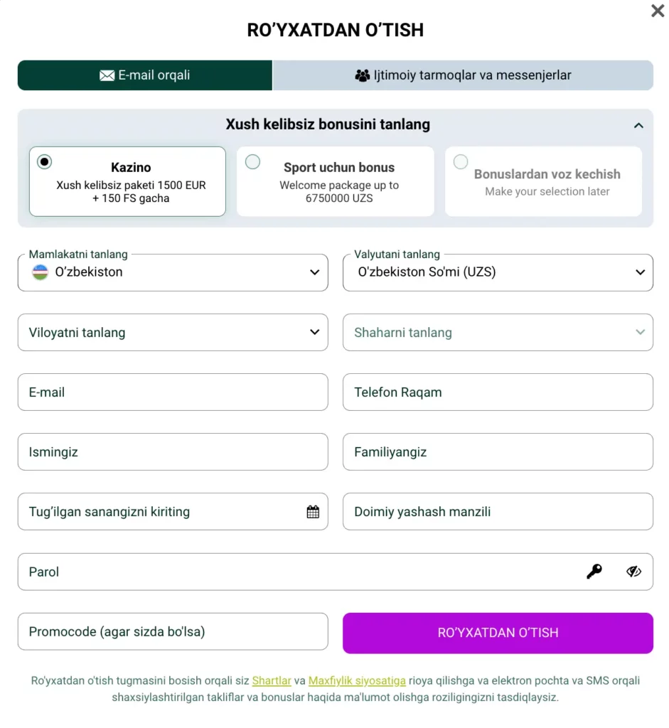Elektron pochta va ijtimoiy tarmoqlar orqali ro‘yxatdan o‘tish variantlari ko‘rsatilgan Spinbetter O‘zbekiston ro‘yxatdan o‘tish formasi skrinshoti