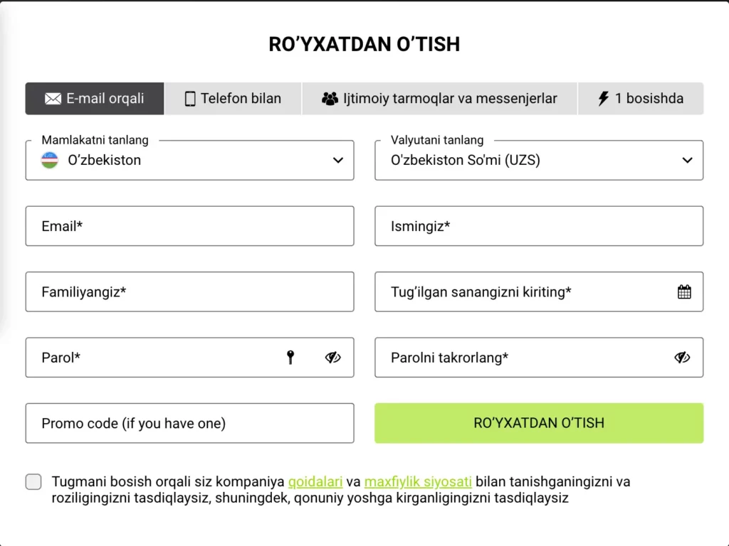 WinWin Casino roʻyxatdan oʻtish formasining skrinshoti, bir marta bosish, elektron pochta, telefon raqami va ijtimoiy tarmoq orqali roʻyxatdan oʻtish usullari keltirilgan.