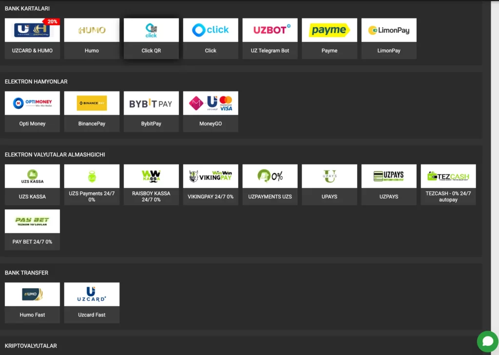 Win Win UZ Casino-ning depozit usullari skrinshoti, turli toʻlov variantlari va ularning cheklovlari koʻrsatilgan.
