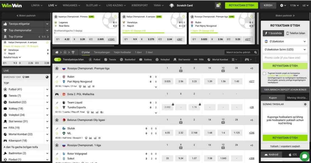 Win Win Bet Uzbekistan sport kitobi skrinshoti, jonli tikish, yutuqni yechib olish va o‘yin kuzatuvi.