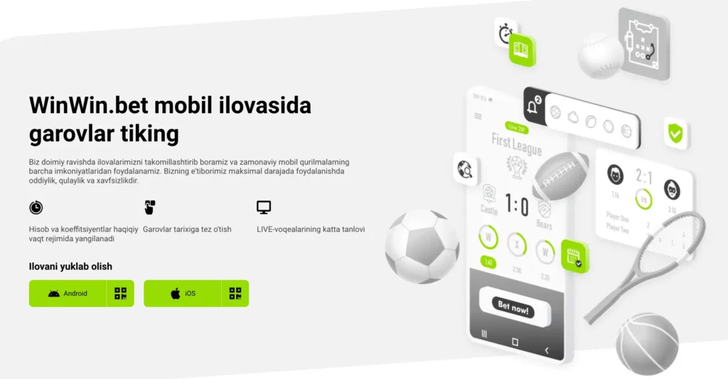 Android va iOS qurilmalari uchun WinWin mobil kazino ilovasini yuklab olish havolasi.