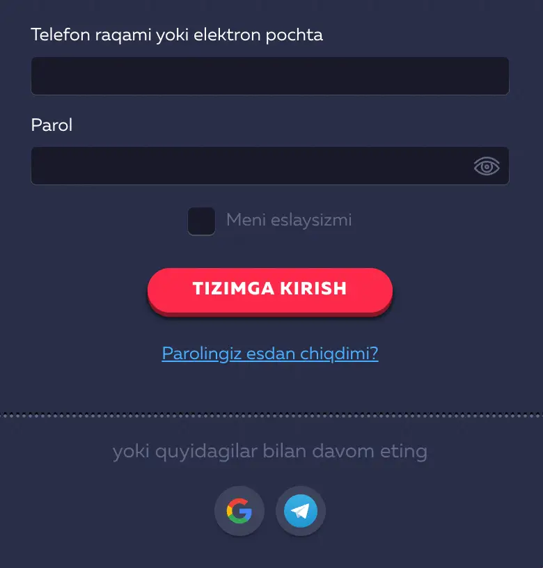 Prijavni obrazac za Vavada kasino