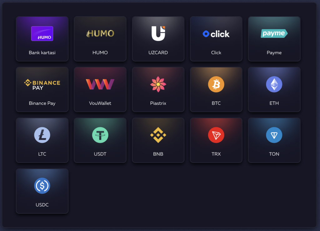 UZCARD, HUMO, Binance Pay va kriptovalyuta variantlari ko‘rsatilgan Vavada Casino O‘zbekiston to‘lov usullarining skrinshoti. 