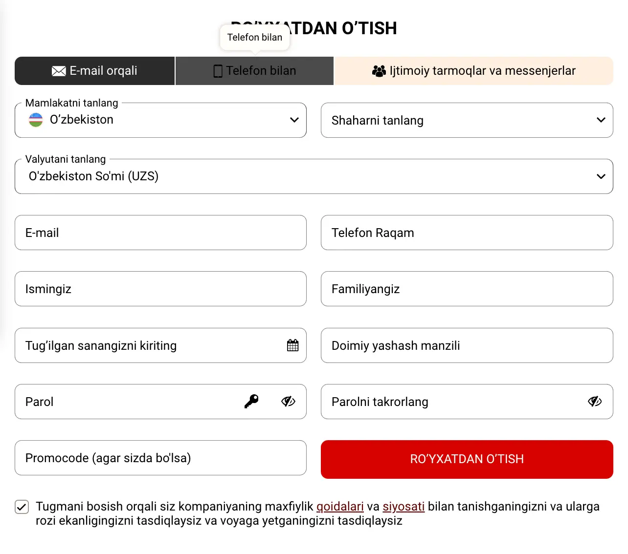 Yohoho Bet ro‘yxatdan o‘tish shaklining bir nechta ro‘yxatdan o‘tish variantlarini ko‘rsatadigan ekran rasmi.