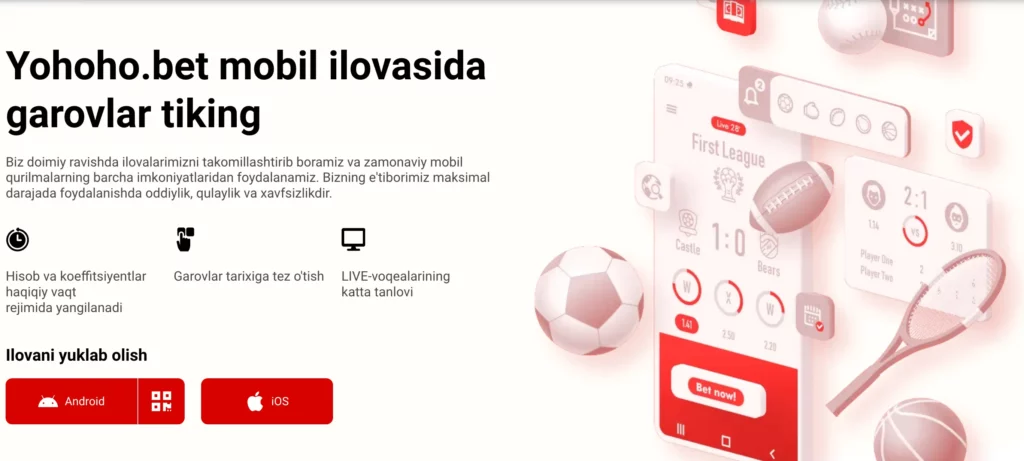Yohoho Bet Uzbekistan mobil kazino ilovasi bosh sahifasi smartfon ekranida.