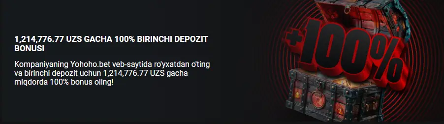 Yohoho Bet sport xush kelibsiz bonusi 1 295 080.68 UZS gacha 100% mos depozit taklifi keltirilgan skrinshot.