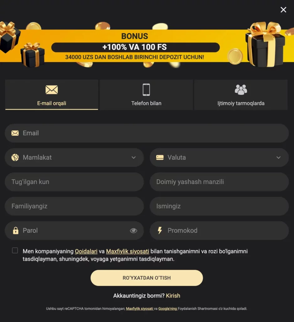 1xslots Uzbekistan ro‘yxatdan o‘tish formasining skrinshoti – telefon, email va Telegram orqali ro‘yxatdan o‘tish variantlari
