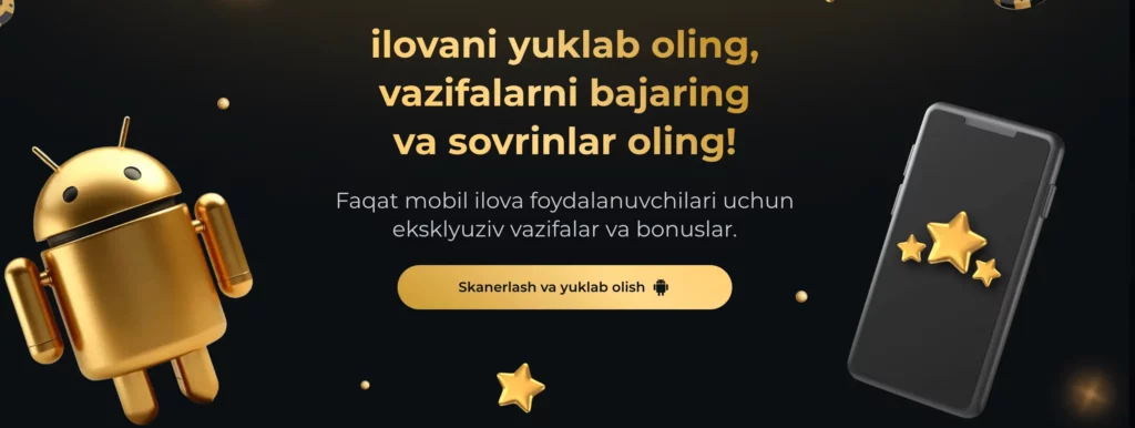 1xslots Android ilovasi interfeysi — topshiriqlar va jonli kazino sahifasi