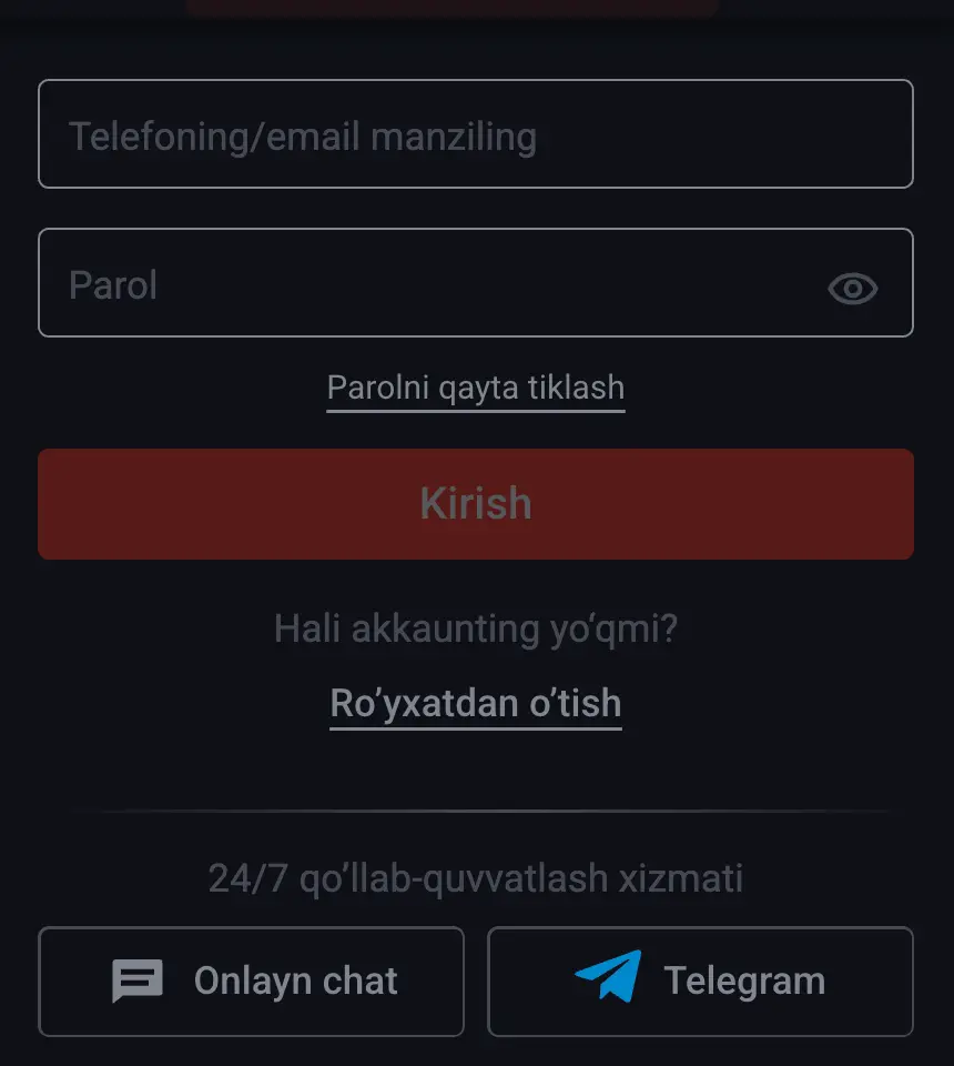 Telefon raqami orqali tizimga kirish sahifasi — O‘zbekistonlik foydalanuvchilar uchun parol maydoni keltirilgan rasm