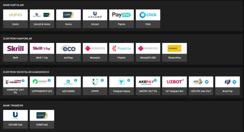 O‘zbekistondagi foydalanuvchilar uchun Humo, Uzcard va Bitcoin imkoniyatlari ko‘rsatilgan DB bet Casino depozit kiritish usullari roʻyxatining skrinshoti.