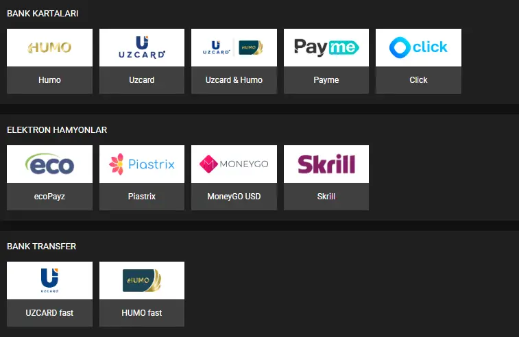 Oʻzbekiston foydalanuvchilari uchun Uzcard, HUMO va Bitcoin, jumladan, DBbet Casino yechib olish usullari roʻyxatining koʻrinishi.