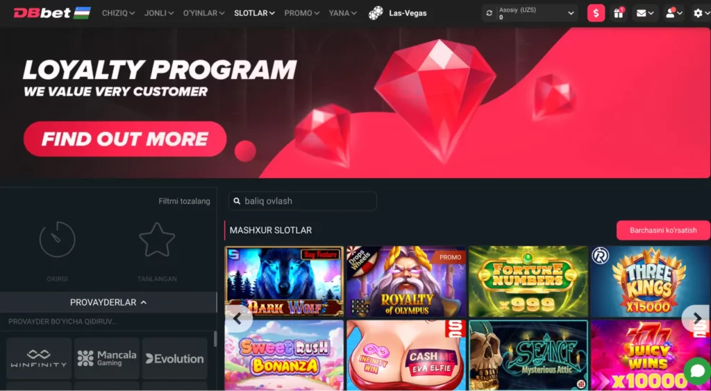 DBBet kazino o‘yinlar lobbisi skrinshoti, slot o‘yinlari ko‘rsatilgan, O‘zbek tilida