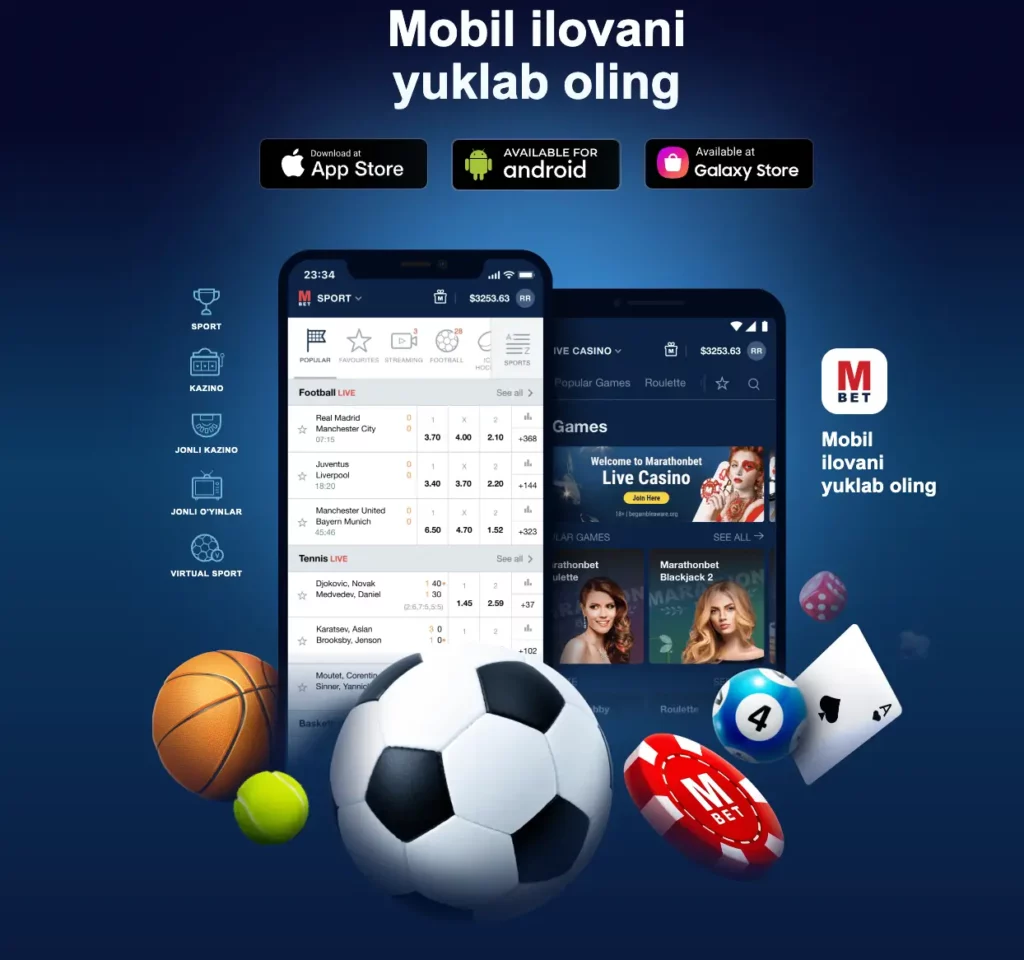 MarathonBet Casino mobil ilovasi interfeysi o‘zbek tilida, jonli sport tikish va kazino ko‘rsatilgan.