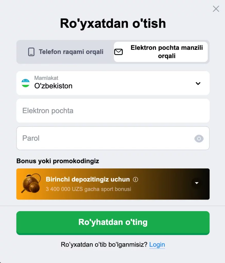 MarathonBet UZ ro‘yxatdan o‘tish formasida email va telefon orqali ro‘yxatdan o‘tish variantlari