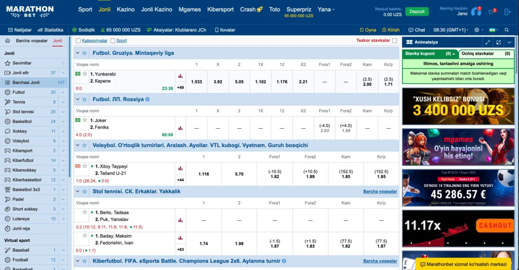 MarathonBet Casino O‘zbekiston sport tikish sahifasi — jonli interfeys va match-treker ko‘rinishi