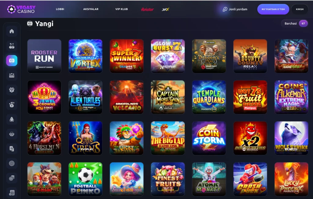 Vegasy Casino o‘yin lobbisi ko‘rinishi, 2025-yil iyun oyidagi eng so‘nggi slot va stol o‘yinlari qo‘shimchalari aks etgan