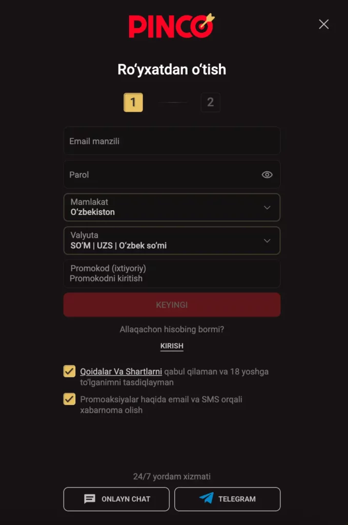 Pinco Casino ro‘yxatdan o‘tish shakli — telefon va elektron pochta usullari keltirilgan skrinshot
