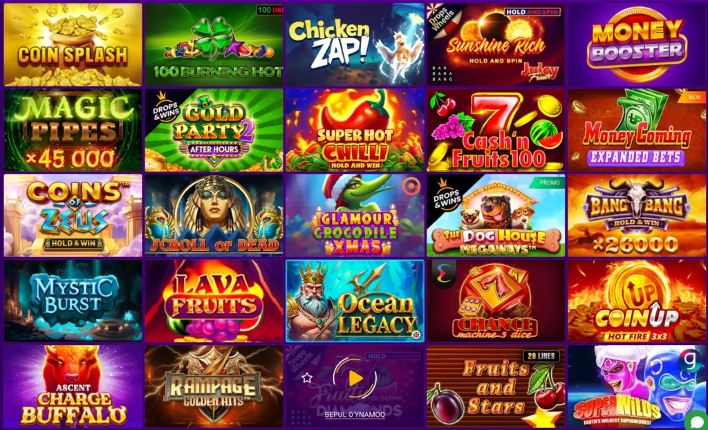 O‘zbekiston foydalanuvchilari uchun BetJam Casino slotlar bo‘limining skrinshoti.