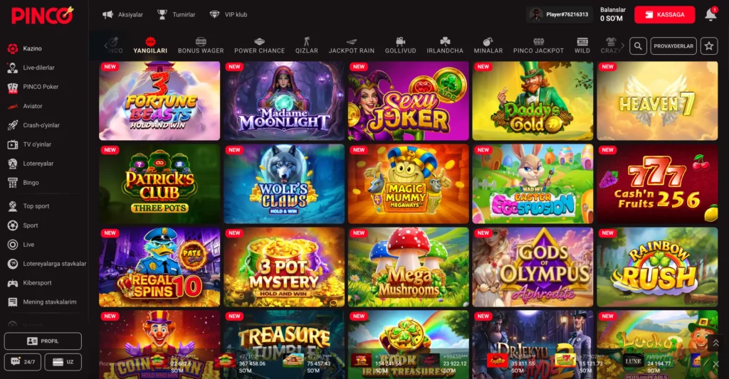 Pinco Uzbekistandagi yangi slot o‘yinlari skrinshoti