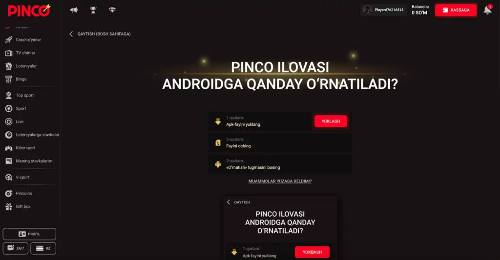 O‘zbek tilidagi Pinco Casino mobil ilovasi interfeysi skrinshoti, unda kazino o‘yinlari, sport tikish va to‘lov imkoniyatlari ko‘rsatilgan.