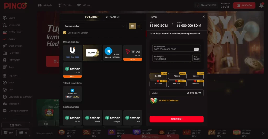 O‘zbekiston o‘yinchilari uchun Pinco Casino to‘lov usullari — UZcard, Humo va kripto variantlari aks etgan skrinshot.