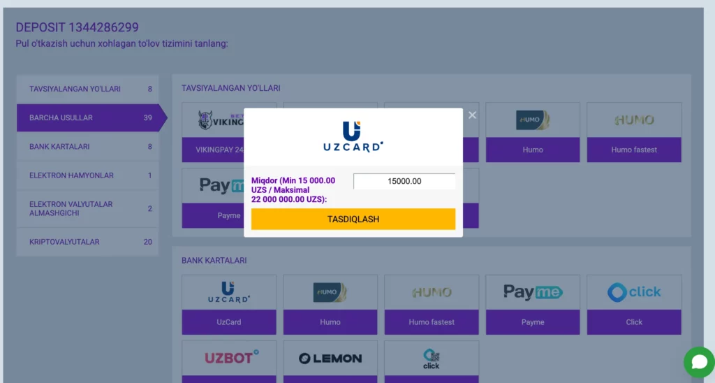 BetJam Casino-da Uzcard orqali depozit kiritish