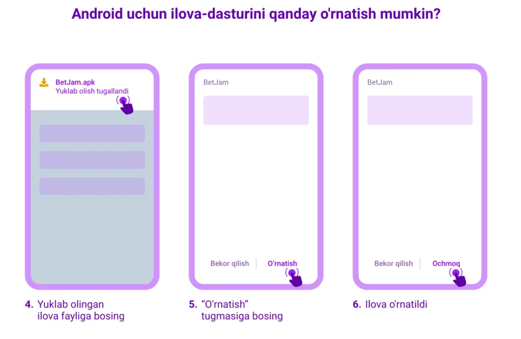 BetJam Android APK yuklab olish tugmasi, o‘zbek tilida, kazino o‘yinlari va sport tikish interfeysi keltirilgan