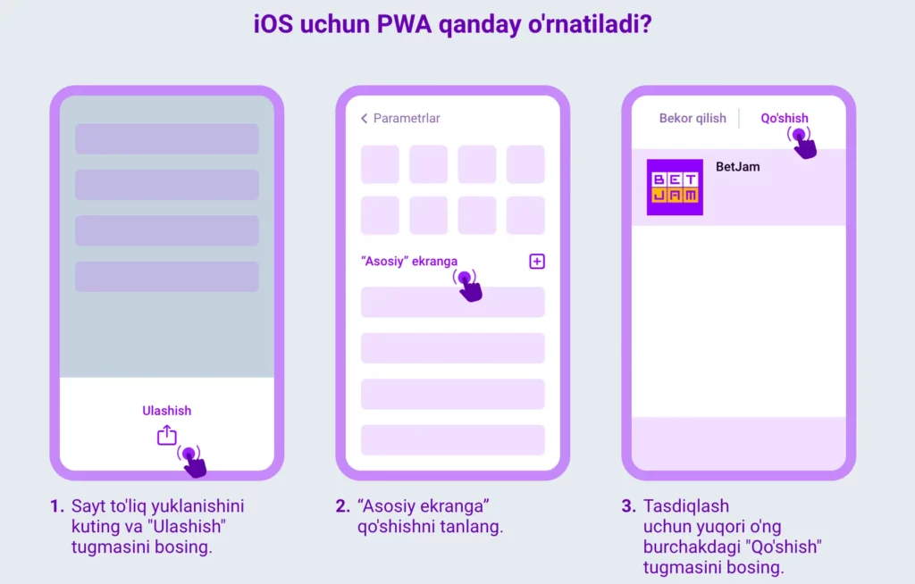 Safari brauzerida iPhone foydalanuvchilari uchun BetJam iOS PWA yorlig‘i o‘rnatish