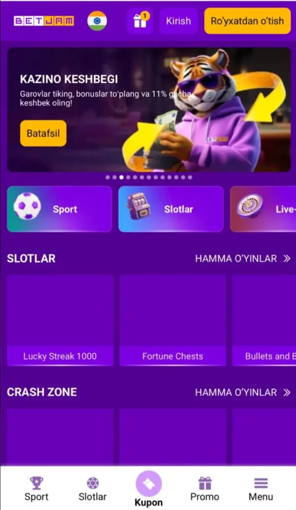 O‘zbekistonlik foydalanuvchilar uchun BetJam mobil versiyasi bosh sahifasi, kazino o‘yinlari va jonli tikish keltirilgan