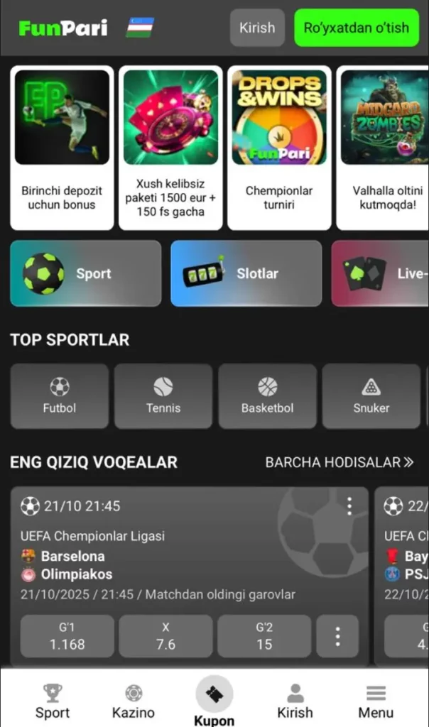 O‘zbek tilida tikish va crash o‘yinlar bo‘limini aks ettiruvchi FunPari mobil versiyasi bosh sahifasi