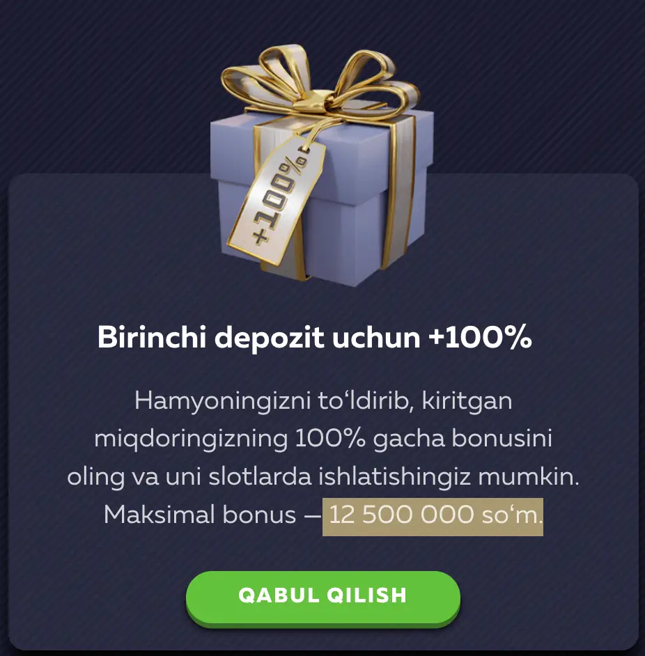 O‘zbekistondagi yangi kazino o‘yinchilari uchun 12 500 000 so‘mgacha 100% birinchi depozit bonusi keltirilgan Vavada Casino xush kelibsiz bonus koʻrinishi