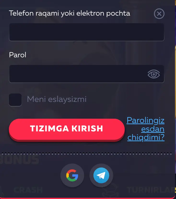 O‘zbek tilidagi Vavada Kazino login formasi, unda email, telefon va ijtimoiy tarmoq orqali kirish ko‘rsatilgan