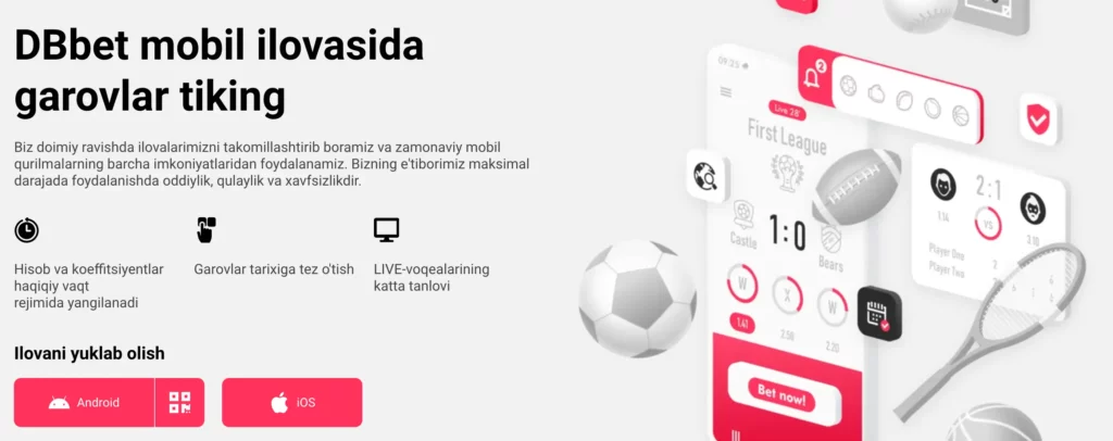 DBbet O‘zbekiston kazino ilovasini yuklab olish ekrani — Android APK va iOS mobil versiya variantlari bilan