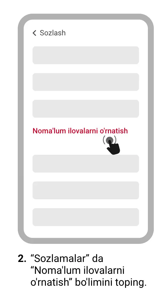 Android qurilmada noma’lum ilovalarni o‘rnatishga ruxsat berish sozlamalari oynasi