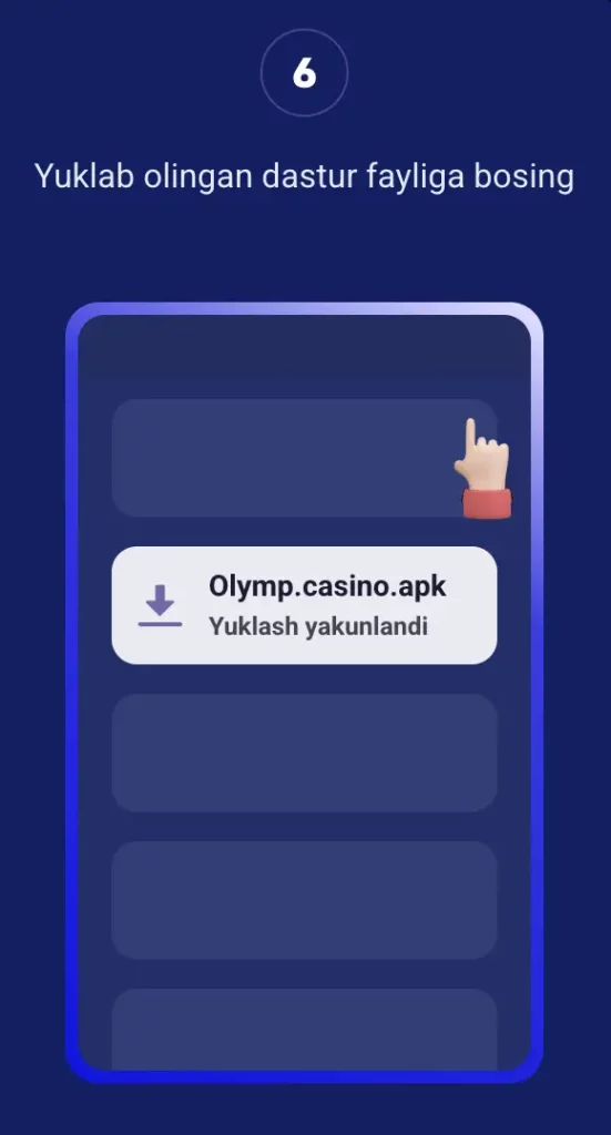 Android yuklamalar bo‘limida o‘rnatishga tayyor turgan Olymp Casino APK fayli.