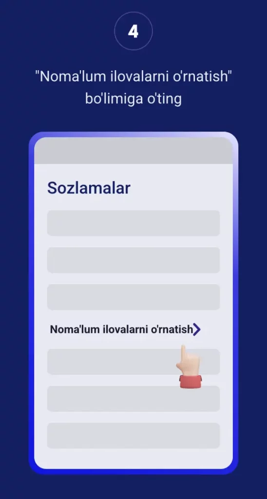 Olymp APK-ni o‘rnatish uchun nomа’lum ilovalarni o‘rnatish ruxsatnomasini ko‘rsatadigan Android sozlamalari menyusi.