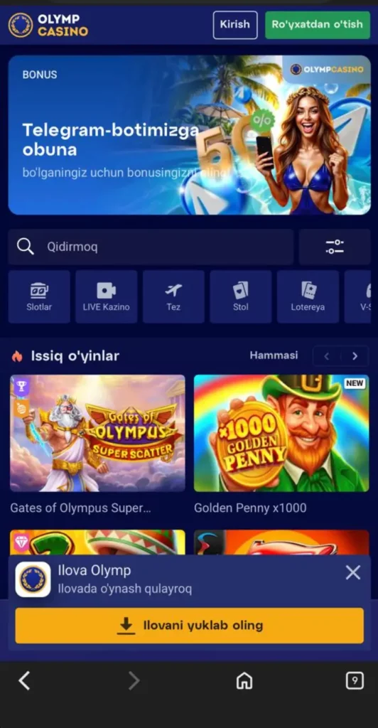 Brauzerda o‘yinlar va tikish variantlari aks etgan Olymp Uzbekistan mobil kazino versiyasi.