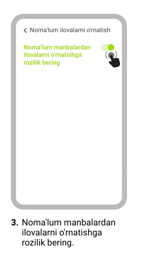 Android qurilmada noma’lum manbalarni o‘rnatish ruxsati yoqilgan