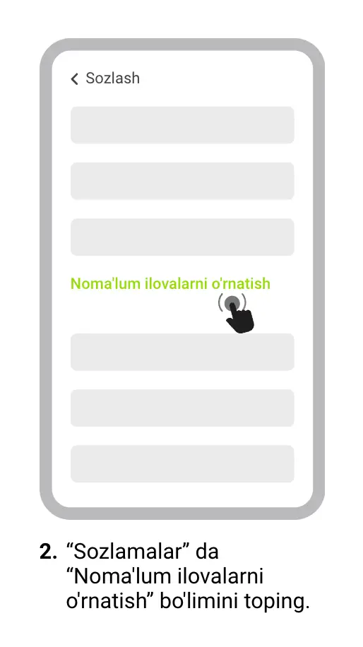 Android sozlamalari ekranida “Install Unknown Apps” opsiyasi yoqilgan