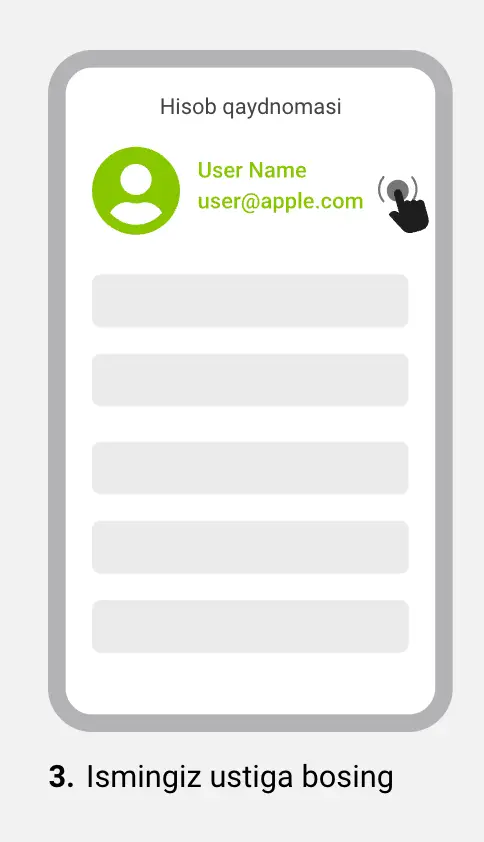 iOS Apple ID sozlamalari sahifasi, shaxsiy sozlamalar bo‘limi ko‘rsatilgan