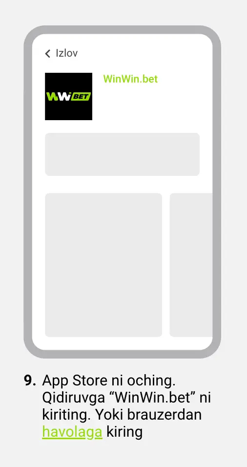 App Store qidiruv maydonida WinWin Bet yozilgan va iOS uchun yuklab olish tayyor