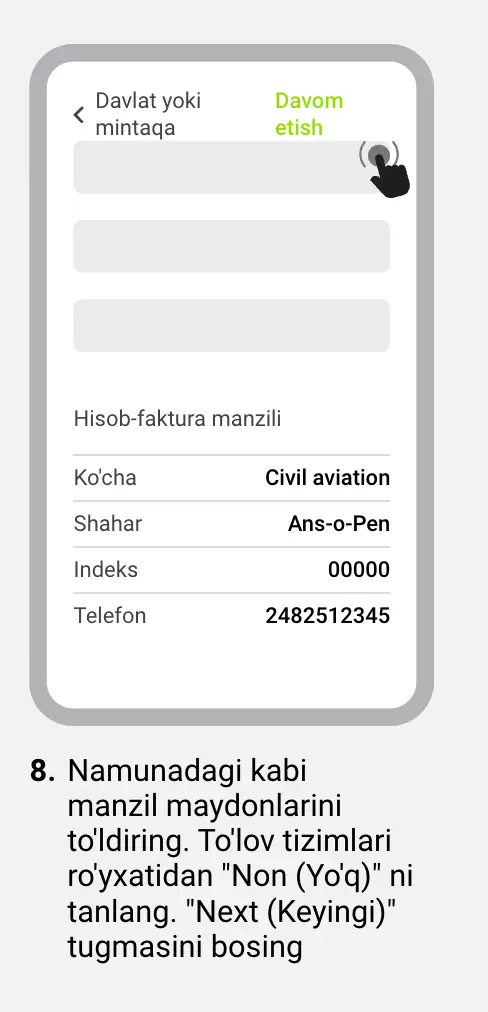 iPhone ekrani, soxta manzil kiritilgan va “None” tanlangan
