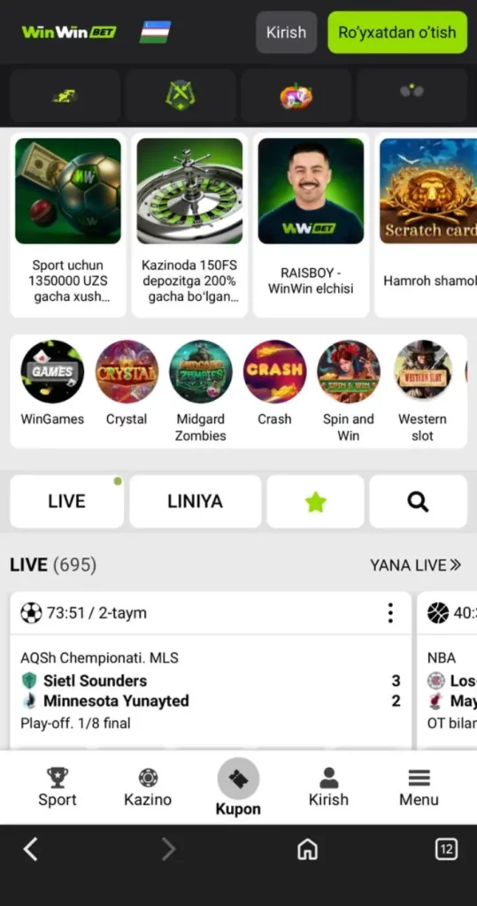 WinWin Bet mobil versiyasi, brauzer orqali bosh sahifa ko‘rinishi