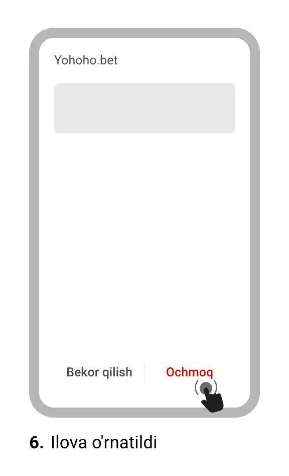 O‘rnatish muvaffaqiyatli yakunlangandan so‘ng YohohoBet Android ilovasi bosh sahifasi ko‘rsatilgan.