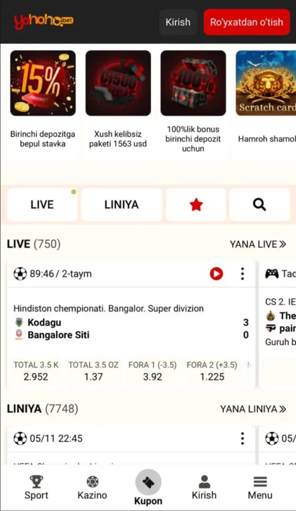 Yohoho mobile versiyasi interfeysi — o‘zbek tilidagi crash o‘yinlari va tikish variantlari ko‘rsatilgan.