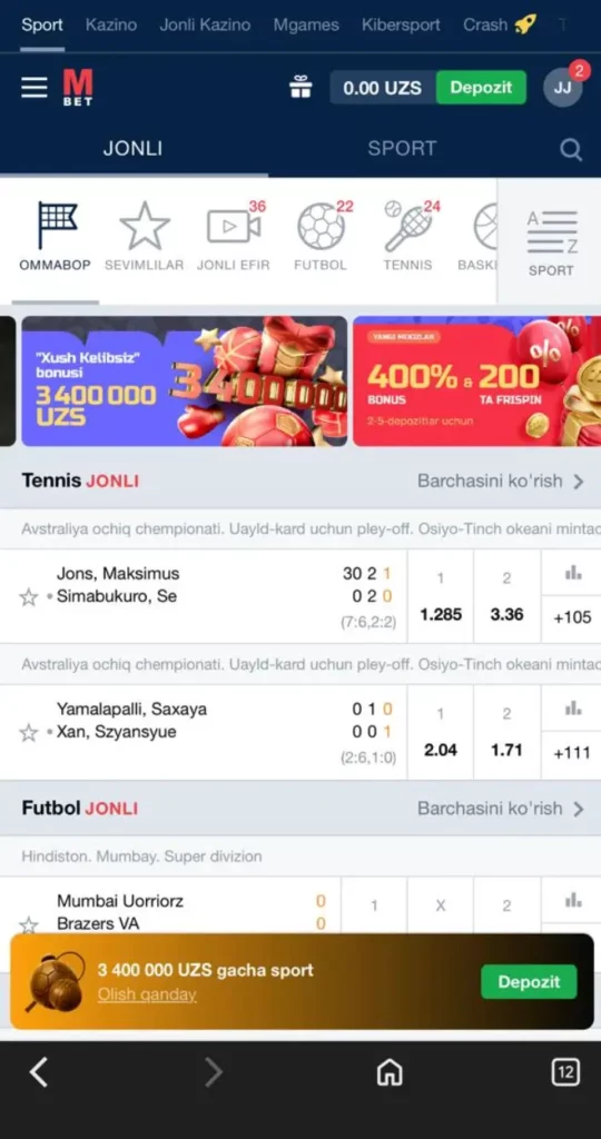 O‘zbek tilidagi lokal interfeysda MarathonBet kazino mobil versiyasi