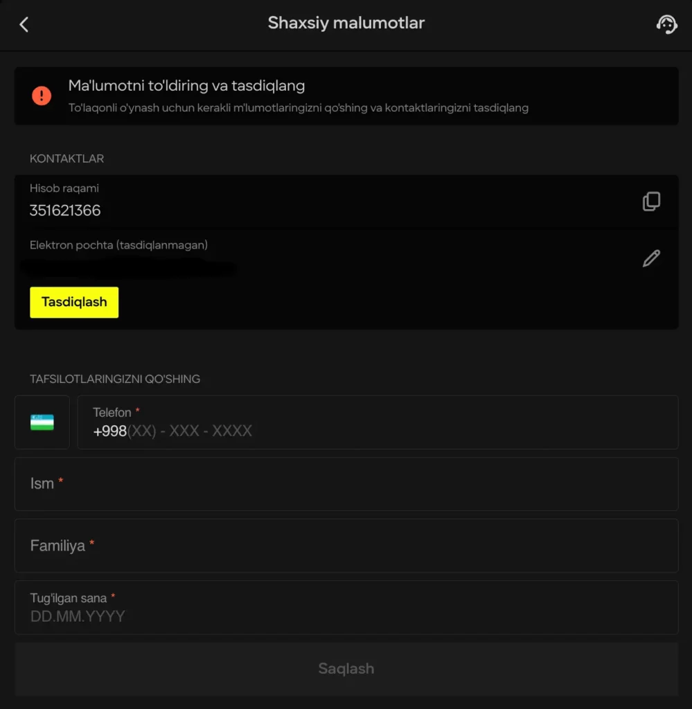 Parimatch Uzbekistan KYC tasdiqlash formasi: shaxsiy ma’lumotlar va hujjat yuklash bo‘limi 